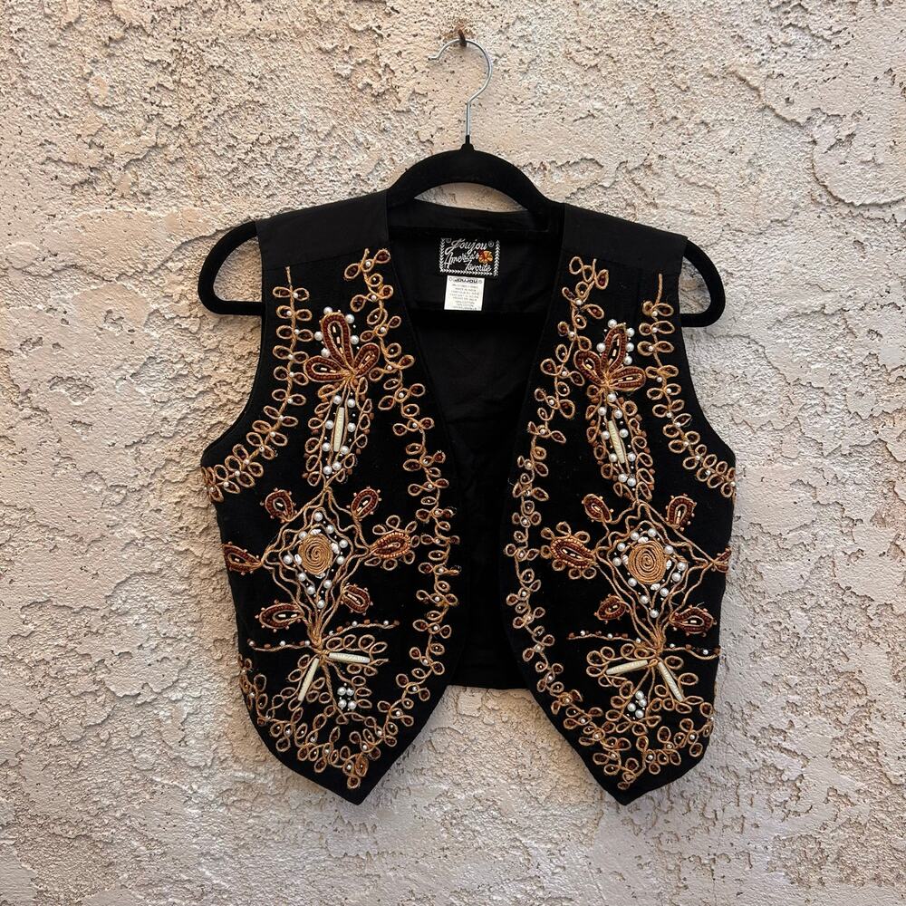 Vintage JouJou Embroidered Beaded Boho Vest Black Size Small